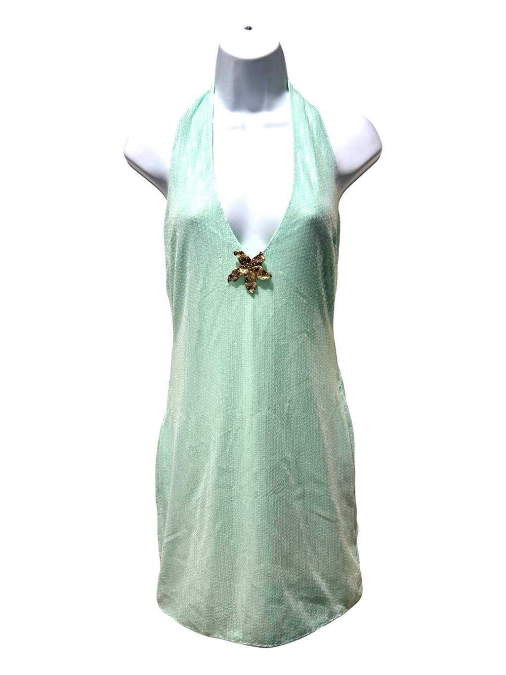 Windsor Mint Sequin Halter Bodycon Mini Dress Gold Tone Flower Size L